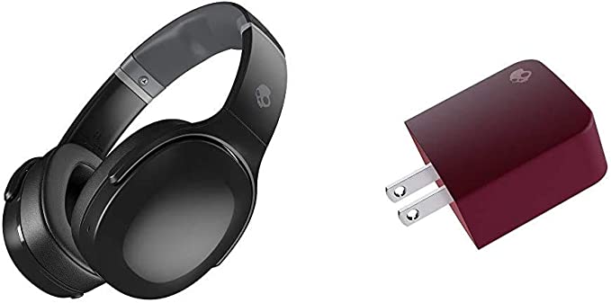 Skullcandy Crusher Evo Wireless Over-Ear Headphone in True Black with a Fix Rapid AC Adapter with Double USB Port in Deep Red