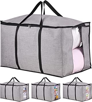 MISSLO Comforter Storage Bag Extra Large Moving Bags Heavy Duty Storage Bins with Reinforce Handle, Strong Zippers for Clothes, Travelling, College Dorm, Camping (4 Packs)