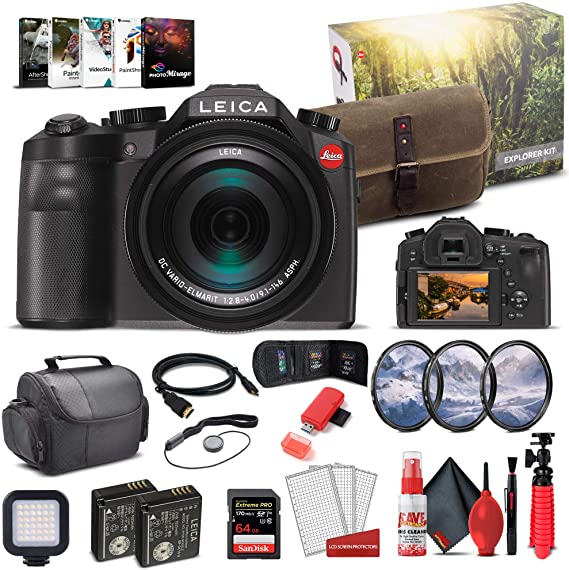 Leica V - LUX (Typ 114) Digital Camera Explorer Kit (19144)   64GB Extreme Pro Card   Corel Photo Software   Extra Battery   LED Light   Card Reader   Filter Kit   Case and More - Deluxe Bundle