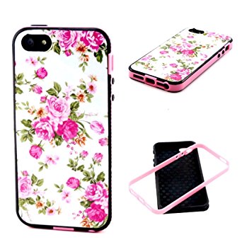 iPhone 5S Case,IVY [Frame Bumper][2in1][Scratch-Resistant][Anti-shock][Shock Absorbent][Pink Rose Peony Flower] For Apple iPhone 5S 5