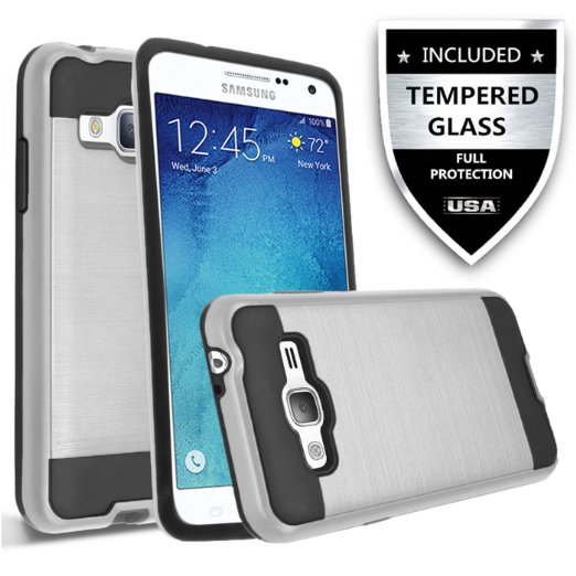 Galaxy On5 Case With Tempered Glass Screen Protector,IDEA LINE(TM) Hybrid Hard Shockproof Slim Fit Brushed Shockproof Protector Cover Heavy Duty Protective (Silver/Black)