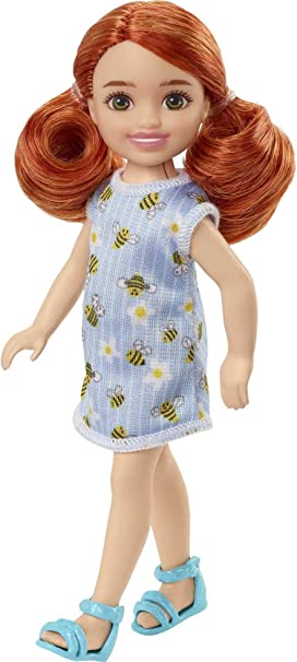 Barbie Chelsea Doll (Red Hair) Wearing Bumblebee & Flower-Print Dress and Blue Sandals, Toy for Kids Ages 3 Years Old & Up