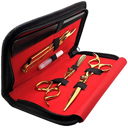 Saaqaans MSS-03 Professional Haircut Scissors Set - Package includes Barber Scissor, Thinning Shear, Straight Edge Razor, 10 x Derby Double Edge Blades & Hair Comb in Stylish Scissors Case (Gold USA)