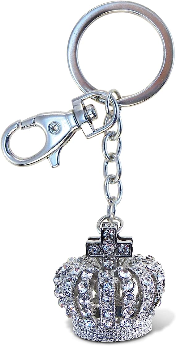 Aqua79 Crown Elegant Keychain - Silver 3D Sparkling Charm Rhinestones Fashionable Stylish Metal Alloy Durable Key Ring Bling Crystal Jewelry Accessory With Clasp For Keychain, Purse, Backpack, Handbag