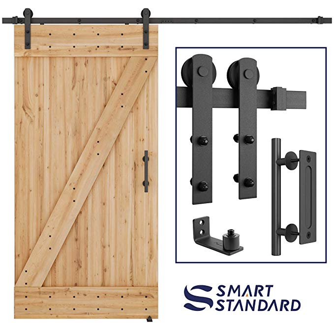 8 FT Heavy Duty Sturdy Sliding Barn Door Hardware Kit, 8ft Double Rail, Black, (Whole Set Includes 1x Pull Handle Set & 1x Floor Guide & 1x Latch Lock) Fit 42"- 48" Wide Door Panel (I Shape Hanger)