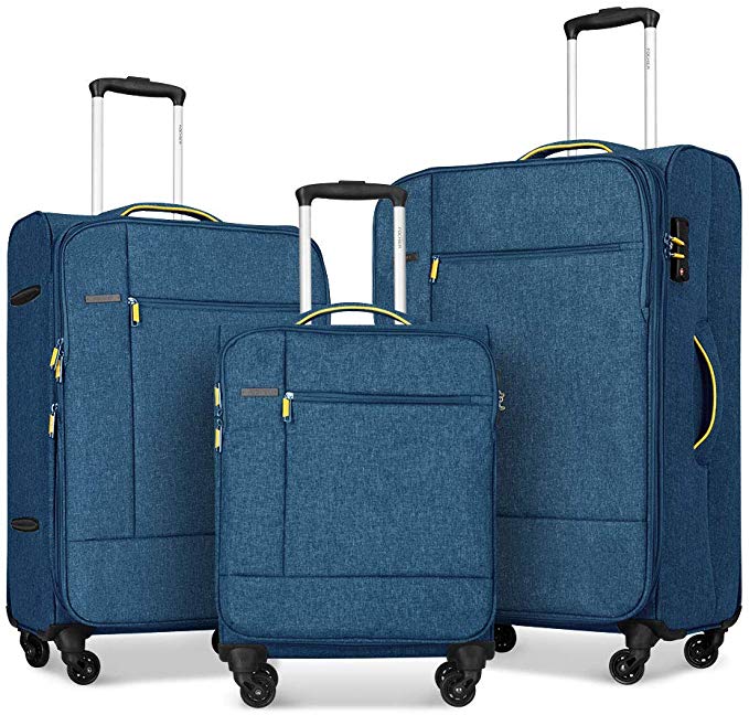 Fochier 3 Piece Luggage Set Softside Expandable Suitcase with Spinner Wheels TSA Lock,Blue