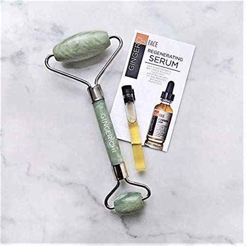 GingerChi Roller Anti Aging Jade Roller Therapy 100% Natural Jade Facial Roller Double Neck Healing Slimming Massager - Includes Face Serum (jade roller+serum)
