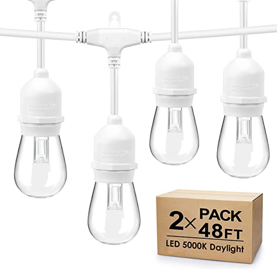 2 Pack 48FT 5000K Daylight String Light, Commercial Grade IP65 Waterproof Outdoor Hanging Light, Dimmable LED Patio String Light with Shatterproof Bulbs for Indoor Outdoor, White Cord