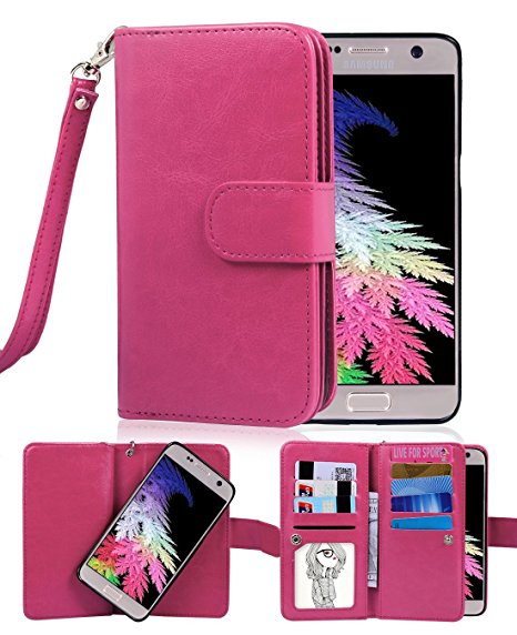 Galaxy S7 Wallet Case, Crosspace Samsung S7 Flip Wallet Cases Premium PU Leather 2-in-1 Protective Magnetic Shell with Credit Card Holder/Slots and Wrist Lanyard for Samsung Galaxy S7-Rose