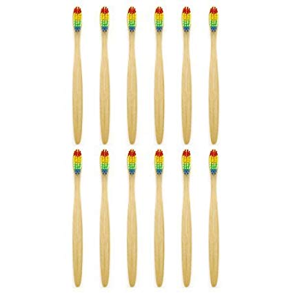 Genkent Natural Bamboo Toothbrush Made with Rainbow Nylon Infused Bristles (12 Counts)