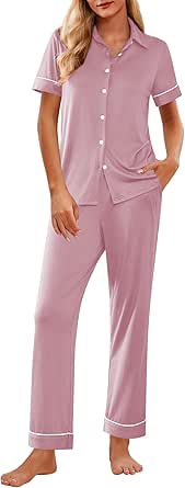 Ekouaer Women 2 Piece Pajamas Set Button Down Short Sleeve Pjs Set Soft Lounge Set with Long Pants S-XXL