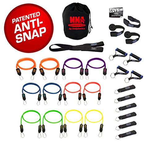 Bodylastics Stackable 12pcs, 14pcs, 19pcs and 28pcs MAX Tension Resistance Bands Sets Include 5, 6, 7 or 12 of Our BEST Quality Anti-Snap Exercise Bands, Heavy Duty Components, a Bag and User Manual.