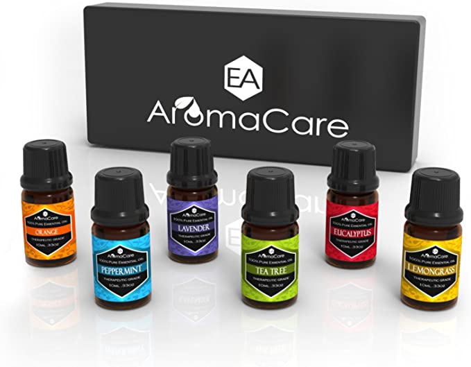 EA AromaCare Essential Oils Gift Set, Therapeutic Grade,100% Pure (Lavender,Peppermint,Lemongrass,Tea Tree,Eucalyptus,Orange & e-Book) Massage Essential Oils (Black)