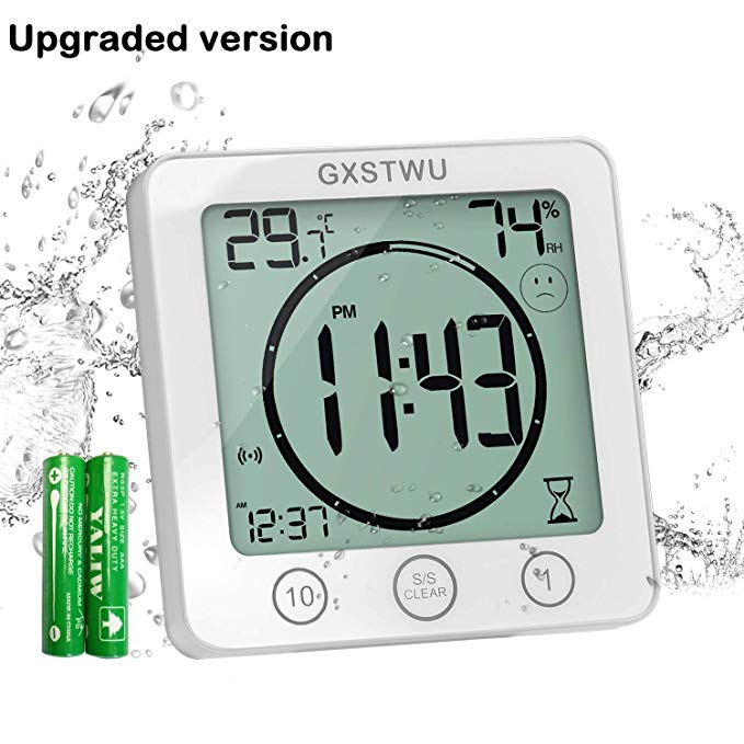 GXSTWU Digital Bathroom Clock Shower Timer with Alarm, Waterproof Clocks for Bathroom Kitchen Timer Clocks Thermometer Hygrometer Wall Clock with Suction Cup Hanging Hole Stand Magnet (1pack)