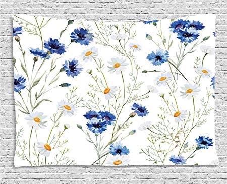 Ambesonne Watercolor Flower Decor Collection, Pattern With Wildflowers Cornflowers Daisies Blooms Flower Buds , Bedroom Living Room Dorm Wall Hanging Tapestry, 60W X 40L Inch