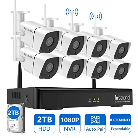 Wireless Security Camera System,Firstrend 8CH 1080P Wireless NVR System with 8pcs 1MP IP Security Camera with 65ft Night Vision and Easy Remote View,P2P CCTV Camera System 2TB Hard Drive Pre-installed
