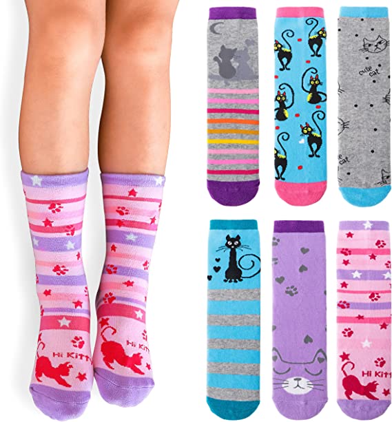 Kids Girls Socks Cotton Crew Cute Cartoon Animal Pattern Fun Novelty Socks 6 Pack