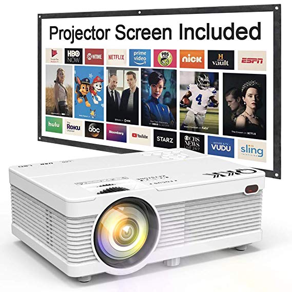 QKK 2019 Newest Mini Projector, 1080P Supported 2600Lumen HD Video Projector with Projector Screen, 176" Projection Size, Compatible with HDMI, VGA, AV, USB for Home Theater, Movie, Video Game, Party, Outdoor activities and More