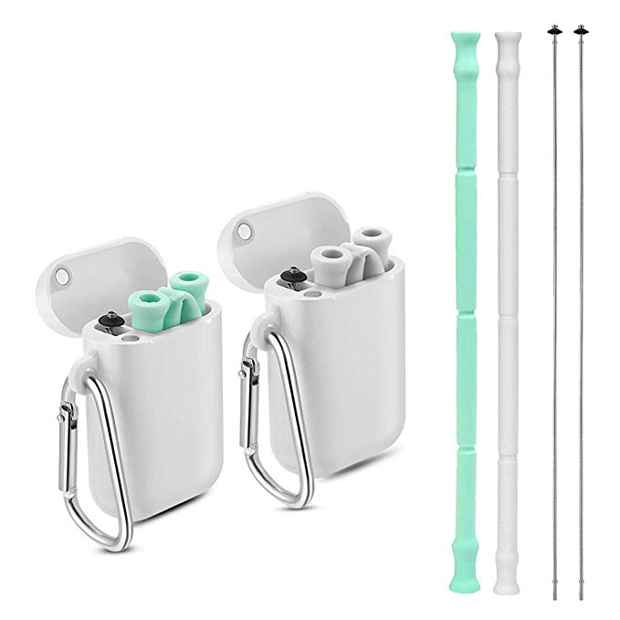 Collapsible Reusable Straws - 2 Pack Silicone Drinking Straw with Case and Cleaning Brush,9.8 inch Food-Grade Foldable Straws BPA Free and FDA Approved Grey/Green