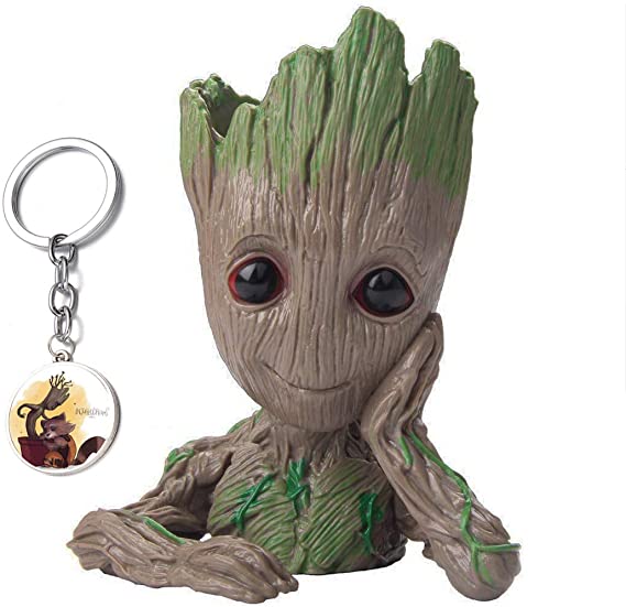Baby Groot Flower Pot, Guardians of The Galaxy, Tree Man Pencil Holder or Planters with Drainage Hole Perfect for a Tiny Succulents Plants and Best Gift Idea, with Time Gem Keychain, 6"