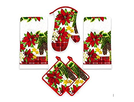 American Mills Christmas Poinsettia 5 Piece Printed Kitchen Linen Set Includes Towels Pot Holders Oven Mitt