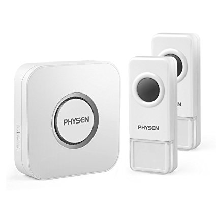 Wireless Doorbell PHYSEN B9 Waterproof Door Chime with 2 Push Buttons and 1 Plug in Receiver,Operating up to 1000 Feet Range,4 Adjustable Volume Levels and 52 Chimes,No Battery Required for Recevier