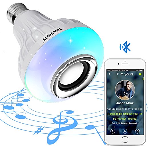 Texsens LED Light Bulb with Integrated Bluetooth Speaker, 6W E27 RGB Changing Lamp Wireless Stereo Audio with 24 Keys Remote Control (Music Bulb)