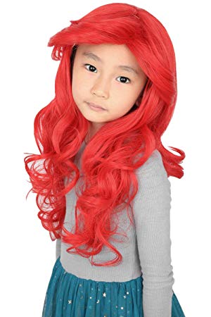 Topcosplay Ariel Wig Kids Girls Child Wig Halloween Costume Princess Cosplay Wigs Red Long Curly