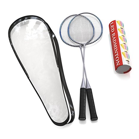 Premium Quality Set Of BADMINTON RACKETS By Trained, Pair Of 2 Rackets, Lightweight & Sturdy, With 5 LED SHUTTLECOCKS, For Professional & Beginner Players, Carrying Bag Included