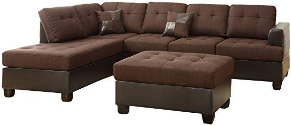 Poundex Bobkona Winden Blended Linen 3-Piece Reversible Sectional Sofa with Ottoman, Chocolate