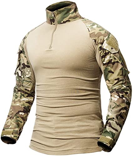 CARWORNIC Men's Tactical Combat Shirt Long Sleeve Camo Airsoft Army Military T Shirt