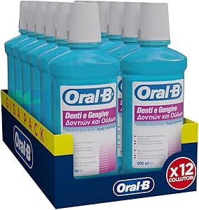 Oral-B Collutorio Denti e Gengive, Rimuove Fino al 97% dei Batteri, Protezione Contro la Placca Betterica per 24 Ore, Senza Alcol. Confezione da 12x500ml Collutori