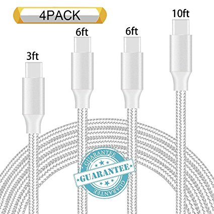 DANTENG USB Type C Cable,4 Pack 3Ft 6Ft 6Ft 10Ft USB C Cable Nylon Braided Long Cord USB Type A to C Fast Charger for Samsung Galaxy Note 8 S8 Plus, LG G6 V30 V20, Pixel (Silver)
