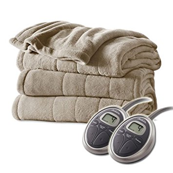 Sunbeam Channeled Velvet Plush Electric Heated Blanket Queen Sand Tan