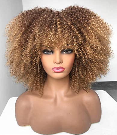 Ombre Blonde Afro Short Kinky Curly Wig with Bangs for Black Women Curly Wig #33/27 ANNIVIA