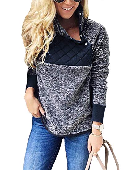 SHIBEVER Womens Plus Fleece Sweatshirt Long Sleeve Oblique Button Geometric Pattern Pullover Coats Jackets Outwear