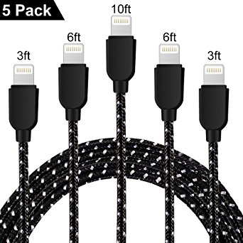 iPad Charger, ZOYOL Extra Long Nylon Braided 8 Pin Lightning Cable USB Charger Cord, Compatible with iPhone 7/7 Plus/6s/6s Plus/6/6 Plus/SE/5s/5c/5, iPad 4/Mini/Air/Pro, iPod [5 Pack 3/3/6/6/10 FT]