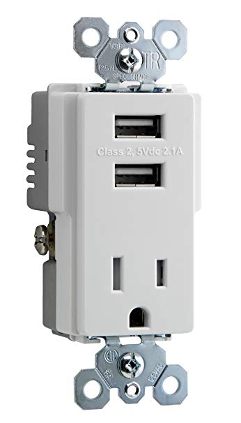 Combo Wall USB Charger Tamper Resistant Receptacle Outlet 2 Built-in USB Ports White