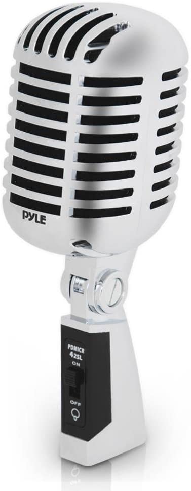 Classic Retro Dynamic Vocal Microphone - Old Vintage Style Unidirectional Cardioid Mic with XLR Cable - Universal Stand Compatible - Live Performance In Studio Recording - Pyle PDMICR42SL (Silver)