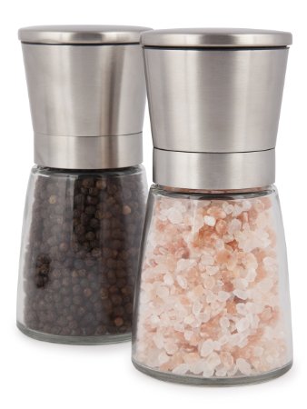 Salt and Pepper Grinder Set with Silicon Stand - Premium Pair of Salt and Peppercorn Mills with Adjustable Ceramic Coarseness - Brushed Stainless Steel and Glass Body Shakers