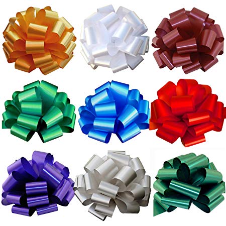 Large Assorted Christmas Pull Bows - 9" Wide, Set of 9, Red, Green, Blue, White, Bows for Gifts, Christmas Presents, Boxing Day, Hanukkah