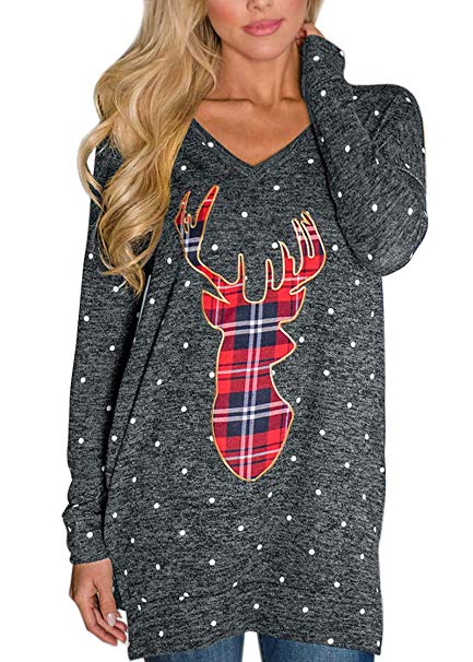 For G and PL Women's Christmas Plaid Reindeer Polk Dot Long Sleeve Shirts