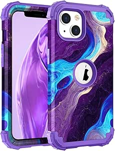 Hocase for iPhone 14 Plus Case, Heavy Duty Shockproof Protection Soft Silicone Rubber Hard Plastic Bumpers Hybrid Protective Case for iPhone 14 Plus 6.7" 2022 - Blue Purple Marble