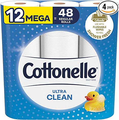 Cottonelle Ultra Clean Toilet Paper, Strong Bath Tissue, 12 Mega Rolls (12 Mega Rolls = 48 regular rolls), 312 Sheets per Roll