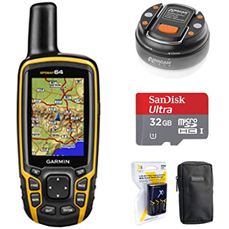 Garmin GPSMAP 64, Worldwide Handheld GPS Navigator (010-01199-00)   32GB Memory Card   LED Brite-Nite Dome Lantern Flashlight   Carrying Case   4X AA Batteries w/Charger (GPSMAP 64 Bundle)