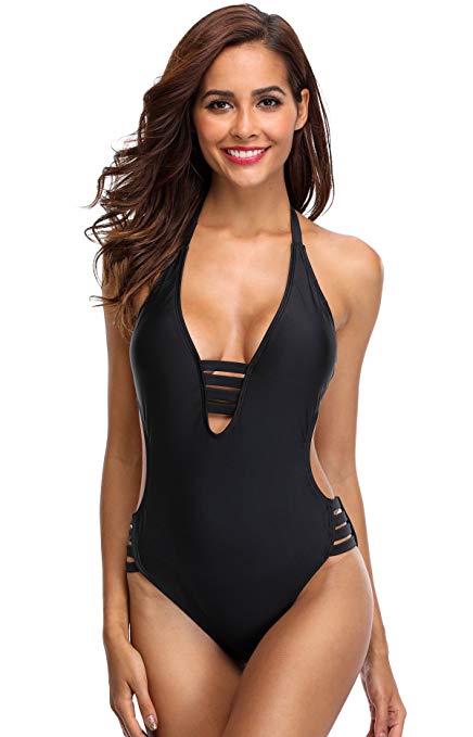 ATTRACO Women's Strappy One Piece Swimsuit Halter Backless Monokini Swimwear