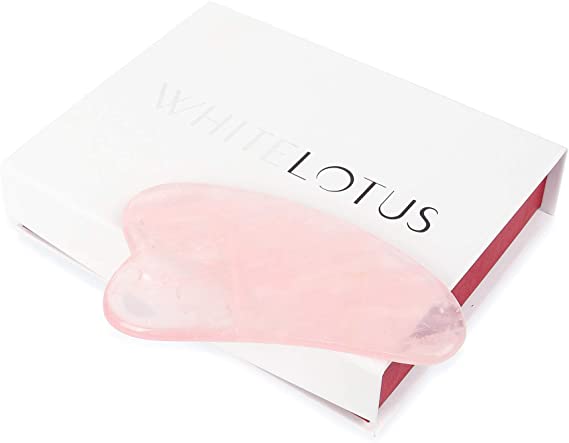 Rose Quartz Gua Sha Tool by White Lotus, Genuine Gua Sha Rose Quartz Crystal Face Massager in Traditional Silk Lined Box, Hand Carved Pink Rose Quartz Stone Gua Sha Board to Nourish and Tone the Skin