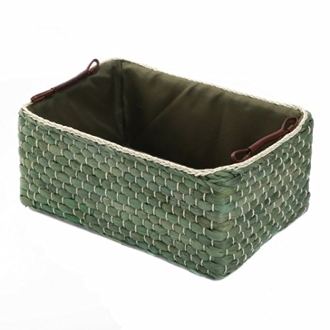Kingwillow,Woven Maize Straw Storage Baskets&Bins with Handle( Rectangular,Green Small:12.60"Lx8.66"Wx5.51"H)