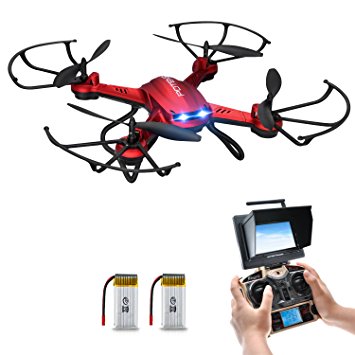 Drone, Potensic® F181DH RC Quadcopter RTF Altitude Hold UFO with Newest Hover Function, 2MP HD Camera, 5.8Ghz FPV LCD Screen Monitor& 3D Flips Function - Red