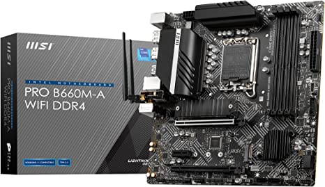 MSI PRO B660M-A WIFI DDR4 Motherboard, Micro-ATX - Supports Intel 12th Gen Core Processors, LGA 1700 - DDR4 Memory Boost 4800 MHz/OC, PCIe 4.0 x16 Slot, 2 x M.2 Gen4 Slots, 2.5G LAN, Wi-Fi 6